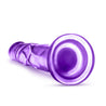 Translucent purple dildo with a slim tapered realistic head for easy insertion and subtle veins along the straight but flexible shaft. Suction cup base. Additional images show alternate angles.