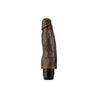 This chocolate skin tone vibrating dildo has an ultra realistic shape that offers significant girth, with a subtly defined head and veins along the shaft. Twist dial on bottom to adjust intensity. Additional images show alternate angles.