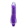 A semi realistic translucent purple sparkly vibrator with color shifting LED lights that glow in different colors when the vibrator is in use. Twist dial on bottom to adjust intensity. Additional images show alternate angles.