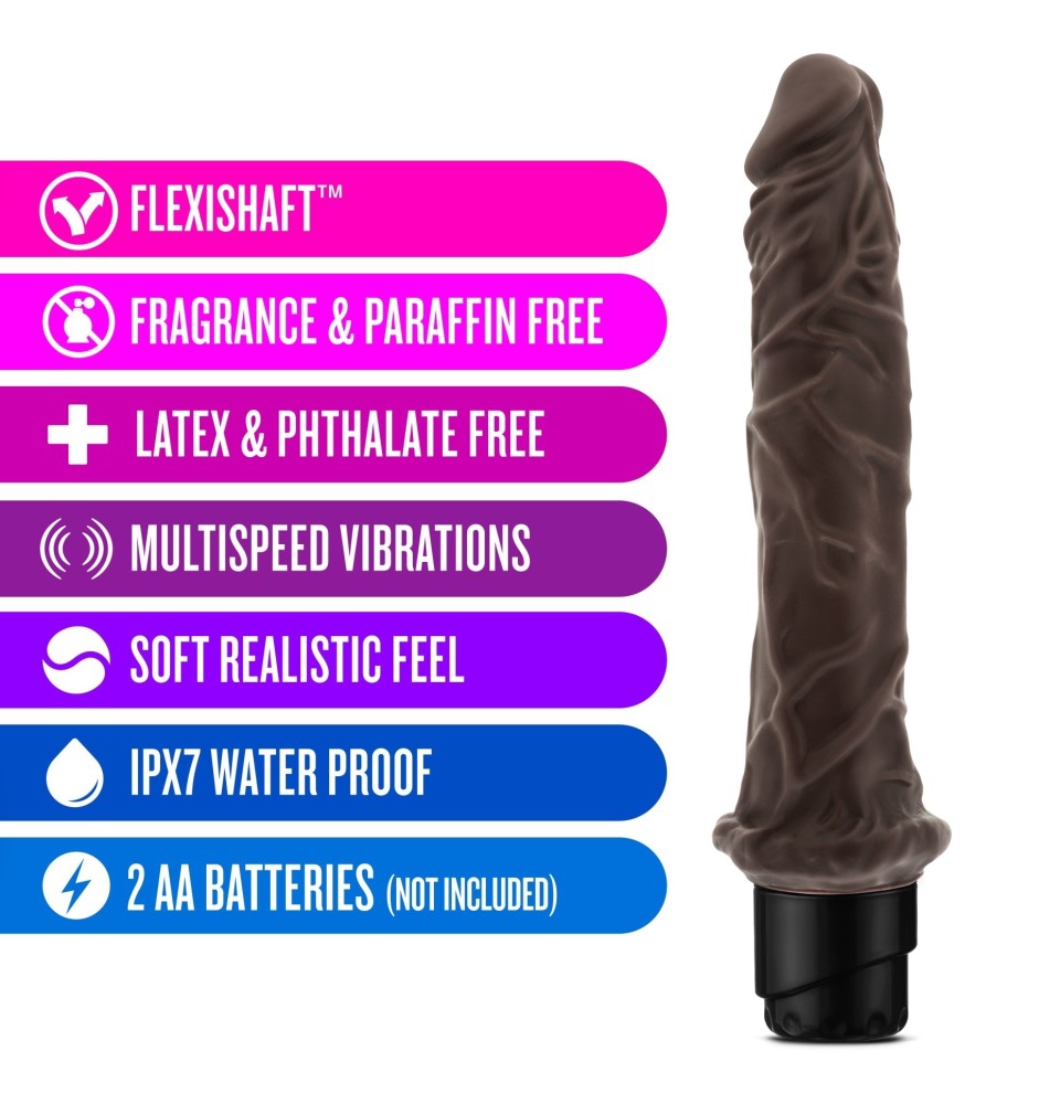 Realistic chocolate skin tone vibrating dildo with tapered head with skin folds just below the head and many veins along the straight long shaft. Twist dial on bottom to adjust intensity. Additional images show alternate angles.