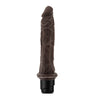 Realistic chocolate skin tone vibrating dildo with tapered head with skin folds just below the head and many veins along the straight long shaft. Twist dial on bottom to adjust intensity. Additional images show alternate angles.