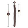 Chocolate skin tone long, straight double dildo with a realistic head on either end and veins throughout the entire length.  Additional images show alternate angles.