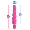 Pink slim vibrator. Straight shape with gentle spiral texture. One button operation, 10 vibration functions.  Additional images show alternate angles.