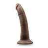 Chocolate skin tone ultra realistic silicone dildo. Featuring a small tapered head for easy insertion, veins along the thin, upwardly curved shaft, and a suction cup base. Additional images show alternate angles.