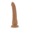 Mocha skin tone realistic dildo with a tapered head for easy insertion. Features subtle veins along the upwardly curved shaft. Suction cup base. Additional images show alternate angles.