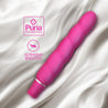 Pink slim vibrator. Straight shape with gentle spiral texture. One button operation, 10 vibration functions.  Additional images show alternate angles.