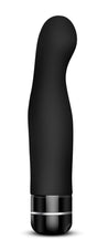 Black vibrating dildo. Abstract shape with a very pronounced curve from middle to tip and slightly tapered head. Smooth texture throughout. Twist dial on bottom to adjust intensity. Additional images show alternate angles.