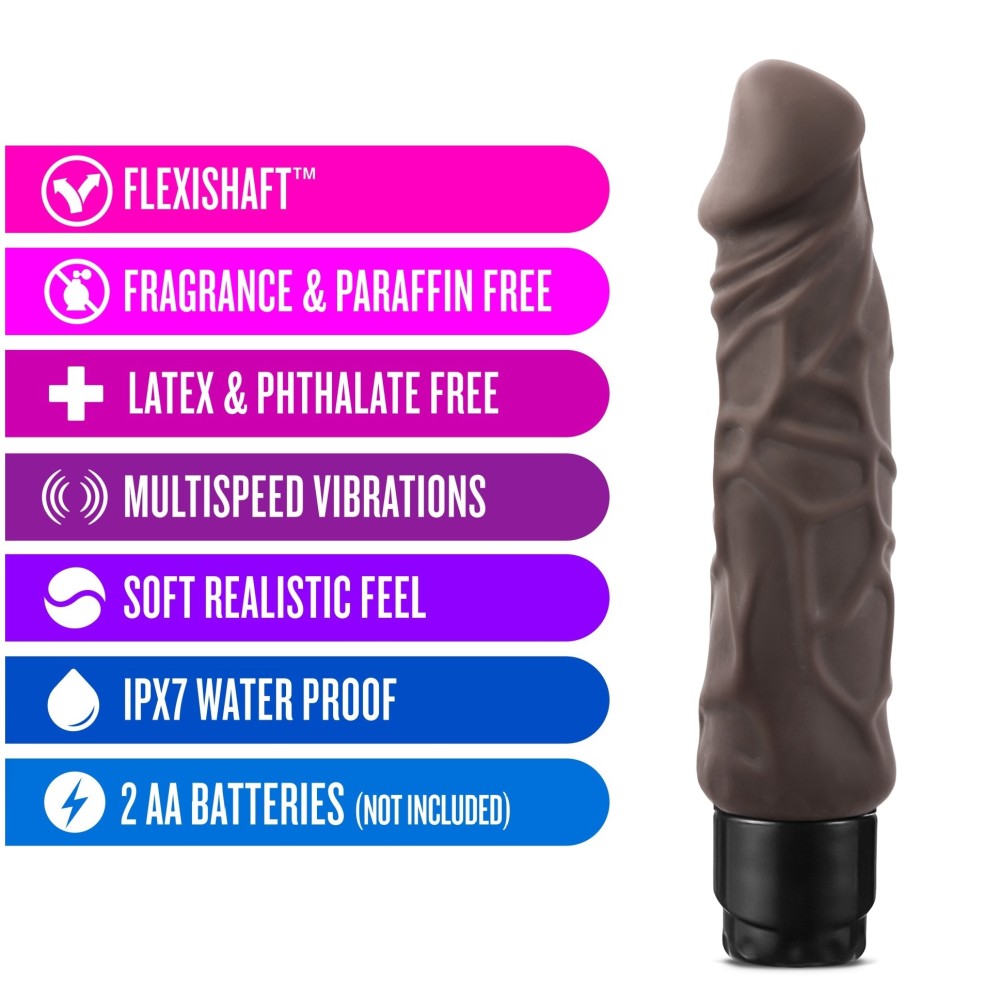 Ultra realistic, chocolate skin tone with a defined head and veins all along the shaft. Twist dial on bottom to control intensity. Additional images show alternate angles.