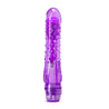 Slim and petite purple insertable vibrator. Smooth head, textured shaft with soft studs. Twist dial controls intensity. Additional images show alternate angles.