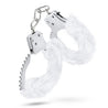 Thin silver metal handcuffs covered with an extra plush white fuzzy sleeve for comfort. Each cuff has a quick release button. Cuffs are connected to each other by a short metal chain. Each cuff has a swinging arm that is used to adjust tightness. Additional images show alternate angles.