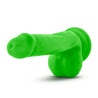 Neon green realistic dildo with a bulbous head, veins along the straight but flexible shaft, realistic balls, and a suction cup base. Additional images show alternate angles.