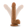 Mocha skin tone realistic dildo. Featuring a large bulbous head, veins that branch out horizontally along the straight but flexible shaft, realistic balls, and a suction cup base. Additional images show alternate angles.