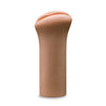 Mocha skin tone stroker with a vulva shaped opening. Smooth on the outside with a ribbed internal tunnel for added stimulation. Additional images show alternate angles.