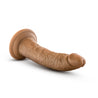 Mocha skin tone ultra realistic silicone dildo. Featuring a small tapered head for easy insertion, veins along the thin, upwardly curved shaft, and a suction cup base. Additional images show alternate angles.