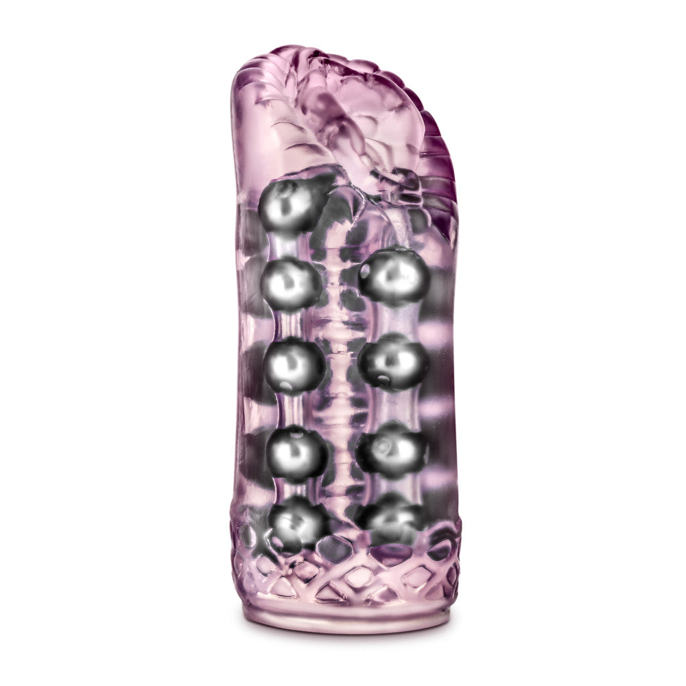 Pink beaded stroker. Translucent with vulva shaped opening, ribbed tunnel and rows of beads along and around the shaft for added stimulation. Open on both ends. Additional images show alternate angles.