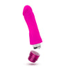 Pink vibrating dildo. Thick smooth curved shaft with a realistic head. Twist dial on bottom to adjust intensity. Additional images show alternate angles.