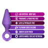 Medium purple butt plug with a tapered tip and slim neck. Features a reinforced ring at the base for safety. Additional images show alternate angles.