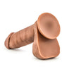 Mocha skin tone ultra realistic dildo. Featuring a defined head, subtle veins along the straight but flexible shaft, and realistic balls. Suction cup base. Additional images show alternate angles.
