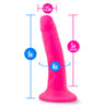 Neon pink realistic dildo with a petite head, veins along the slightly upwardly curved shaft, and a suction cup base. Additional images show alternate angles.
