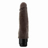 This chocolate skin tone vibrating dildo has an ultra realistic shape that offers significant girth, with a subtly defined head and veins along the shaft. Twist dial on bottom to adjust intensity. Additional images show alternate angles.