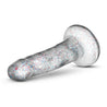 Clear dildo with red and blue glitter. Featuring a realistic head and subtle veins along the straight but flexible shaft. Suction cup base. Additional images show alternate angles.
