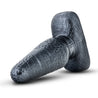 Classic shaped black butt plug with a carbon metallic sheen. Features a very subtle bumpy texture, tapered tip, slim neck, and flared base.  Additional images show alternate angles.