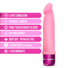 Pink vibrating dildo. Semi realistic shape with defined head and smooth straight shaft. Twist dial on bottom to control intensity. Additional images show alternate angles.