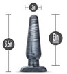A classic black anal plug with a carbon metallic sheen. Features a tapered tip that flares out gently, a thin neck, and a flared base for safety. Additional images show alternate angles.