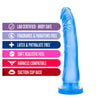 Translucent blue dildo with a slim tapered realistic head for easy insertion and subtle veins along the slightly upwardly curved shaft. Suction cup base. Additional images show alternate angles.