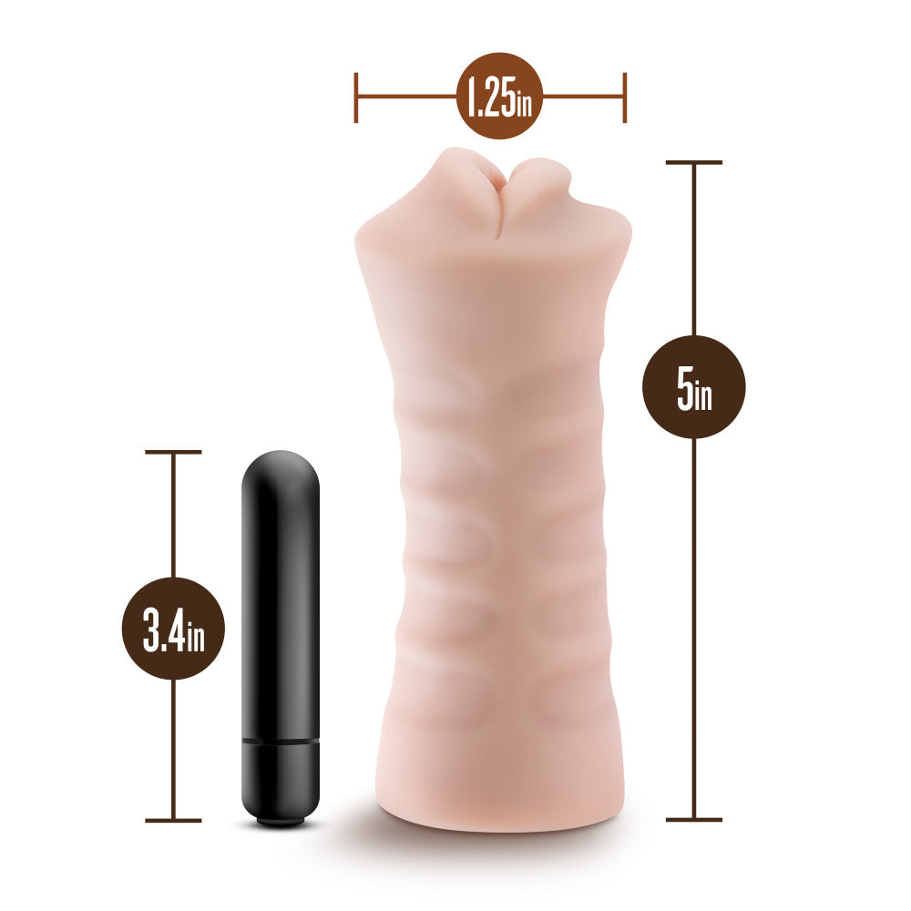 Vanilla skin tone stroker with a mouth shaped opening. Features gentle grooves on the outside for a secure grip. Ribbed internal canal for added stimulation.  Additional images show alternate angles.