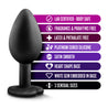 Set of three black silicone butt plugs in progressive sizes, perfect for anal training. Each plug features a tapered tip, bulbous body, thin neck, and heart shaped base with a white gem for safety and decoration. Additional images show alternate angles.