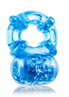 Blue stretchy cock ring with 3 small vents the and 2 soft TPE beads around the ring. Featuring a horizontal vibrator on top of the ring that has soft nubs for added pleasure to the receiver or wearer, depending on use. Additional images show alternate angles.