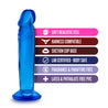 Translucent blue realistic dildo with a large bulbous head. Featuring skin folds under the head and very subtle veins on a straight shaft. Tapers to a slightly thinner diameter near the suction cup base.  Additional images show alternate angles.
