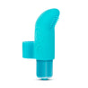 Blue vibrator with silicone sleeve that has a curved tip and a ring on the back to secure it to a finger. Subtle floral pattern and small nubs on curved end for added stimulation. Button on bottom to adjust intensity. Additional images show alternate angles.