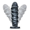 An extra large black anal plug with a carbon metallic sheen. This longer plug features five soft and pronounced rings along the body. Circular flared base for safety. Additional images show alternate angles.