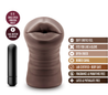 Chocolate skin tone stroker with a mouth shaped opening. Features gentle grooves on the outside for a secure grip. Ribbed internal canal for added stimulation. Additional images show alternate angles.