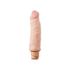 Ultra realistic, vanilla skin tone vibrating dildo with a defined head and subtle veins along the shaft. Long shaft with a very slight curve. Twist dial on bottom to adjust intensity.  Additional images show alternate angles.