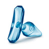 Translucent blue butt plug with a tapered tip, slim neck, and flared base. Additional images show alternate angles.