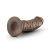 Chocolate skin tone ultra realistic silicone dildo. Featuring a rounded head, veins along the thick, upwardly curved shaft, and a suction cup base. Additional images show alternate angles.