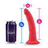 Cerise color realistic silicone dildo. Featuring a small tapered head, veins along the thin, upwardly curved shaft, and a suction cup base. Additional images show alternate angles.