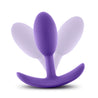 Smooth purple silicone butt plug with tapered time, slim body, narrow neck and thin flared base for comfort and safety. Contains a weighted ball inside the body of the plug that moves around with the body's movement. Additional images show alternate angles.