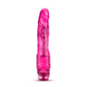 Translucent pink vibrating dildo. Slim tapered head with veins along the shaft and gentle ribs at base. Twist dial on bottom to adjust intensity. Additional images show alternate angles.