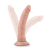 Vanilla skin tone ultra realistic dildo. Featuring a tapered head for easy insertion, many veins along the upwardly curved shaft, and a suction cup base. Additional images show alternate angles.