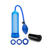 A 5 piece kit including a blue squeeze ball penis pump with blue transparent cylinder, pump sleeve, hose, and bulb. Also includes 3 blue stretchy beaded cock rings and a sleek black stroker that is open on both ends, has a smooth outside, and soft flexible nubs inside the canal for added stimulation. Additional images show alternate angles.