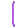 Translucent purple long, straight flexible double dildo with a realistic head on either end and subtle veins throughout the entire length.  Additional images show alternate angles.
