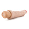 Ultra realistic vanilla skin tone vibrating dildo. Tapered curved head and subtle veins along the shaft. Twist dial on bottom to adjust intensity. Additional images show alternate angles.