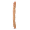 Mocha skin tone long, straight double dildo with a realistic head on either end and subtle veins throughout the entire length.  Additional images show alternate angles.