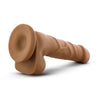 Mocha skin tone realistic dildo. Featuring a large bulbous head, veins that branch out horizontally along the straight but flexible shaft, realistic balls, and a suction cup base. Additional images show alternate angles.