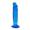 Translucent blue realistic dildo with a large bulbous head. Featuring skin folds under the head and very subtle veins on a straight shaft. Tapers to a slightly thinner diameter near the suction cup base.  Additional images show alternate angles.