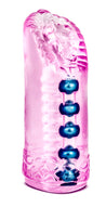 Pink beaded stroker. Translucent with vulva shaped opening, ribbed tunnel and 5 blue beads for added stimulation. Open on both ends. Additional images show alternate angles.